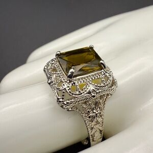 Filigree Sterling Silver Brown Topaz Colored Glass Stone Size 10.25